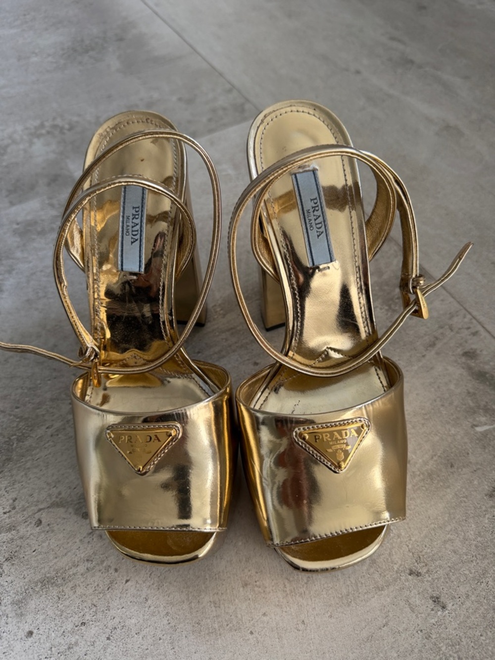 Prada Metallic Gold Block Heel Slingback Sandals